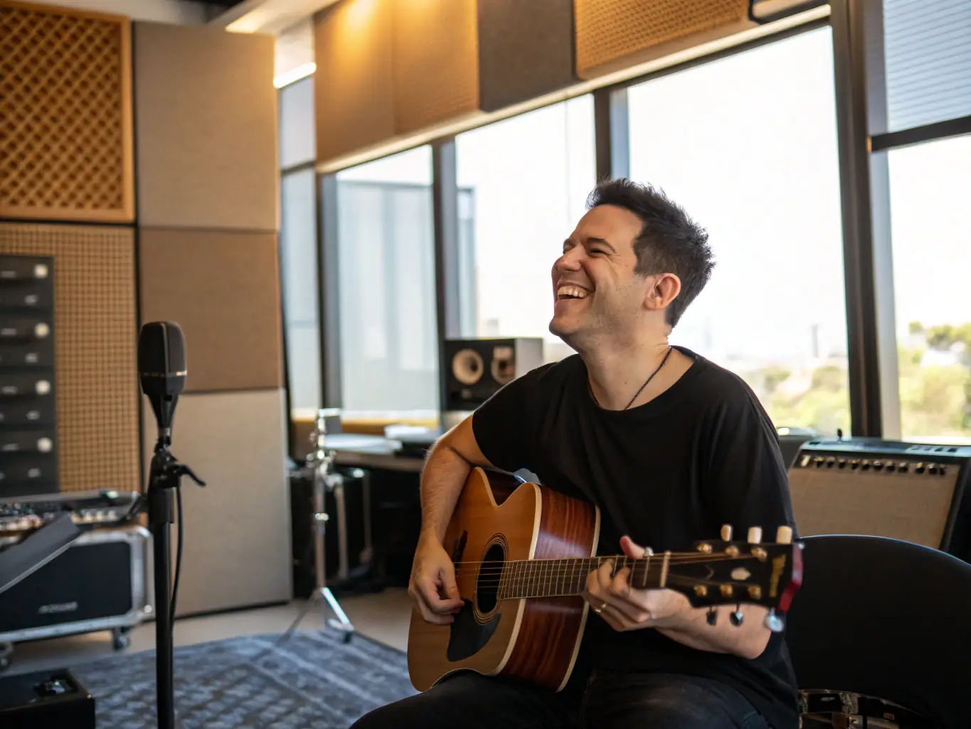 A musician playing a guitar in a recording studio, highlighting Studio Thrive's music production capabilities and creative environment.