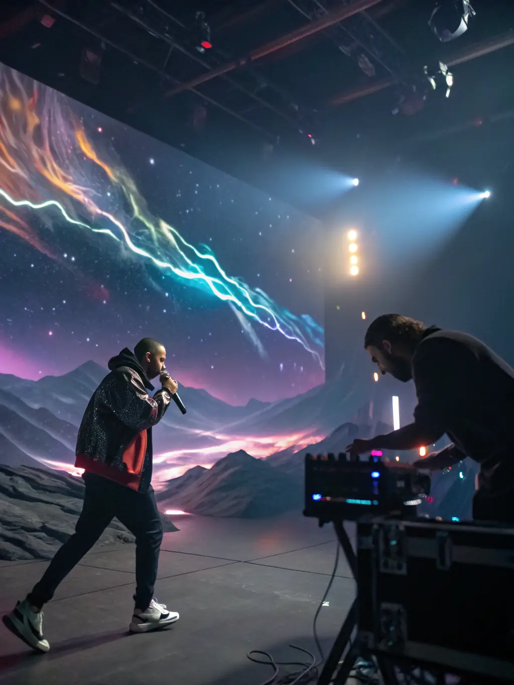 A still from a vibrant and artistic music video, featuring creative lighting, unique costumes, and captivating performance shots.