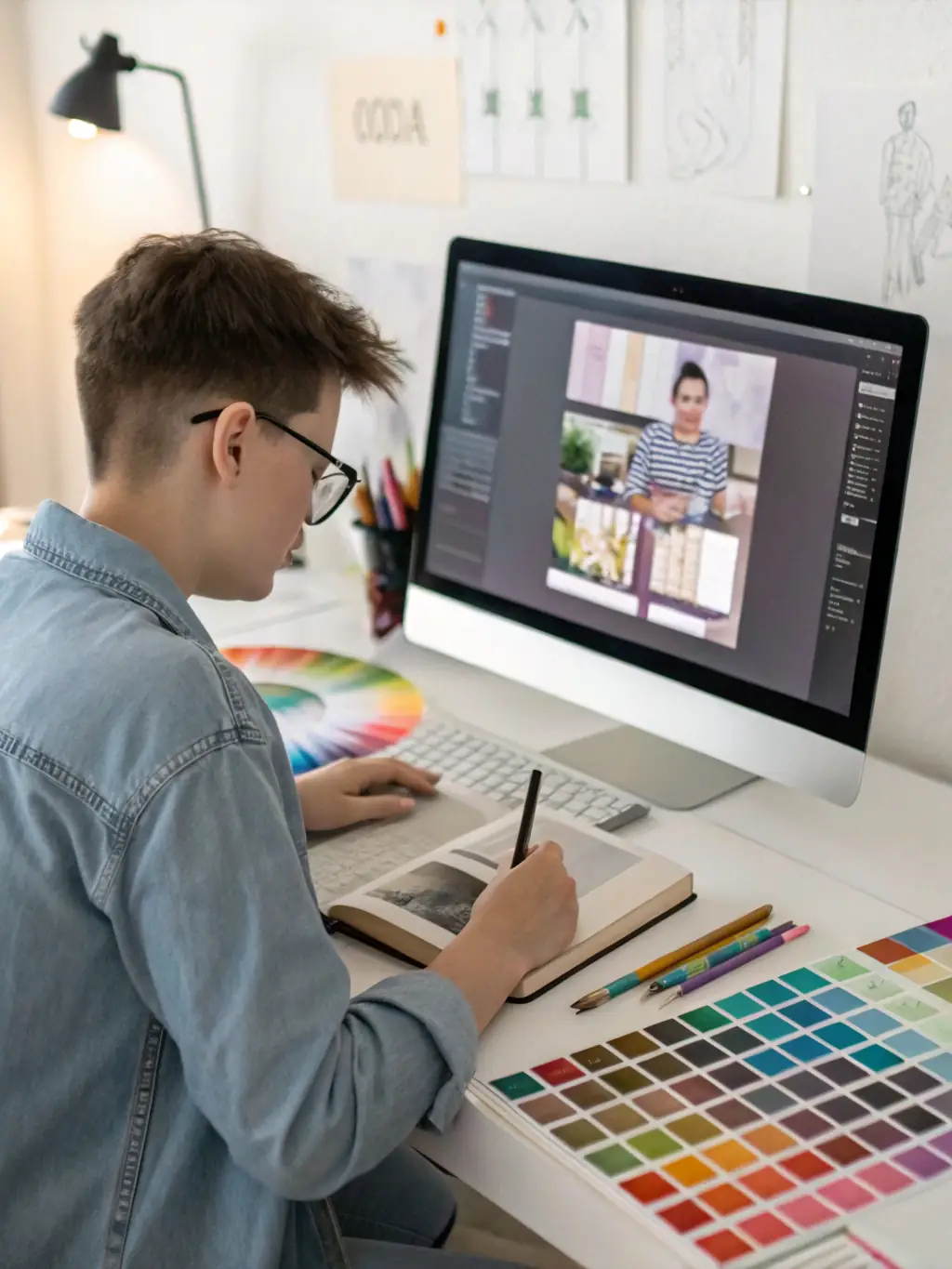 A graphic designer working on a book cover design on a computer, illustrating Studio Thrive's print design expertise.
