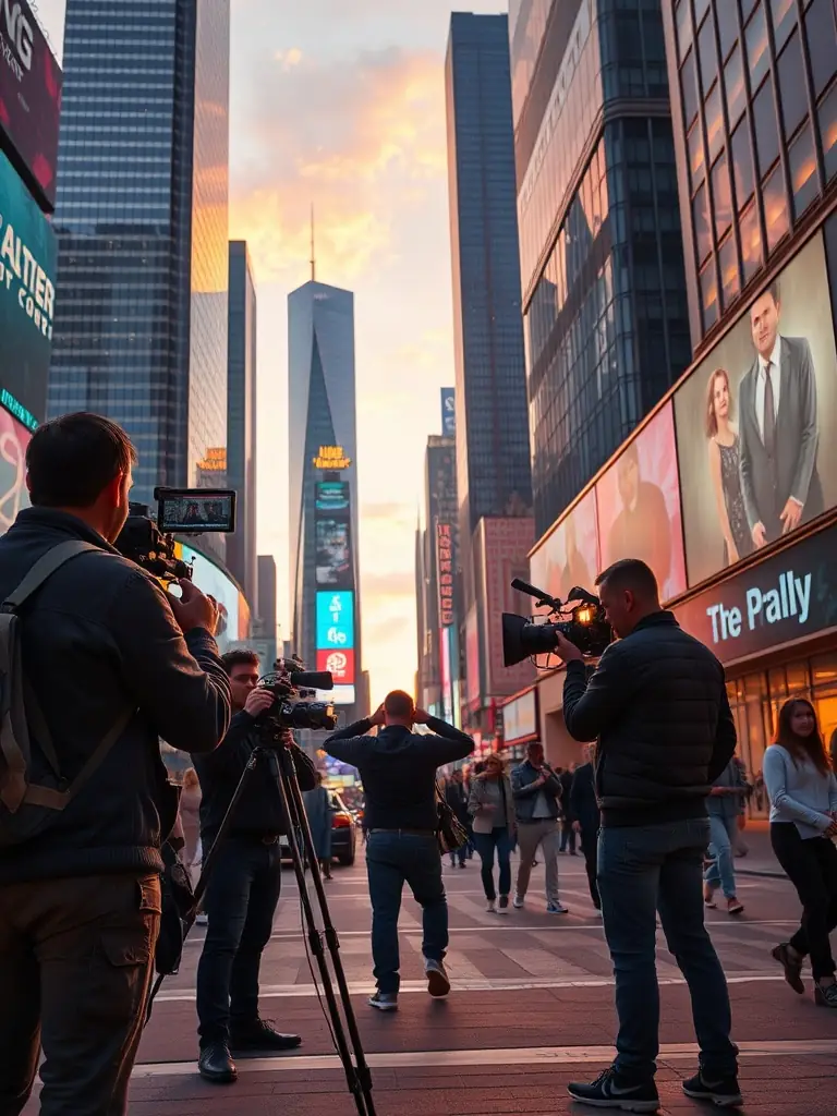 A dynamic shot of a film crew shooting a commercial in a modern urban setting, showcasing high-end equipment and professional expertise.