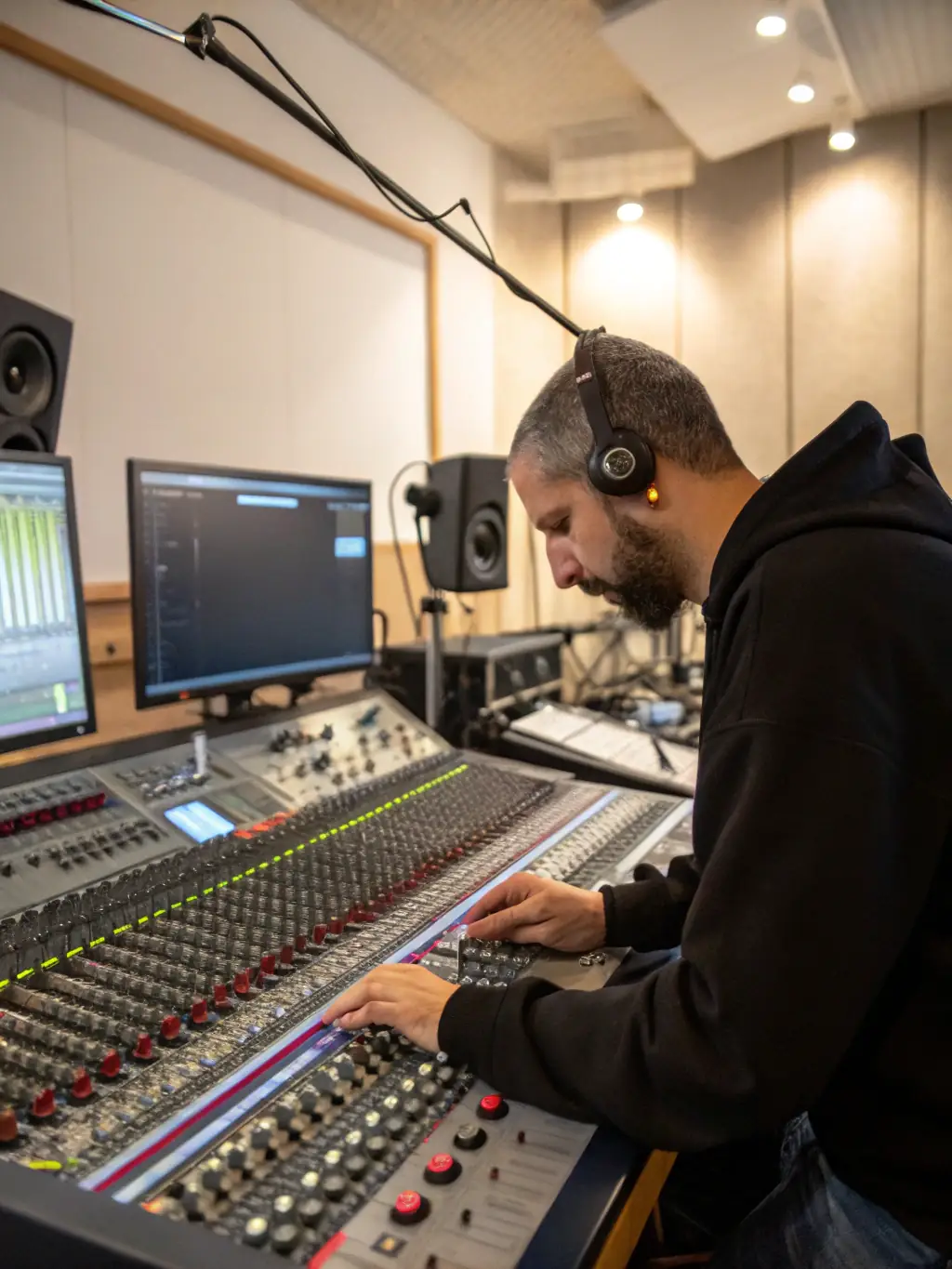 A sound engineer in a state-of-the-art audio studio, recording a podcast episode, highlighting Studio Thrive's audio production capabilities.