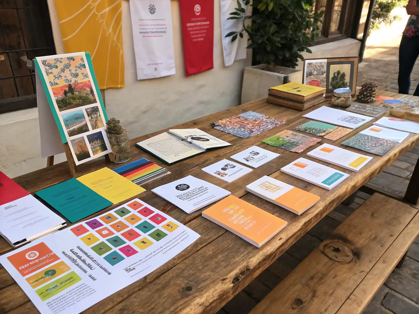 A collection of various print materials, including business cards, posters, and flyers, are arranged neatly on a dark background, showcasing a range of design styles.
