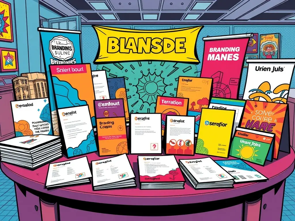 A stack of professionally designed brochures with vibrant colors and clear typography is displayed on a sleek, modern table.