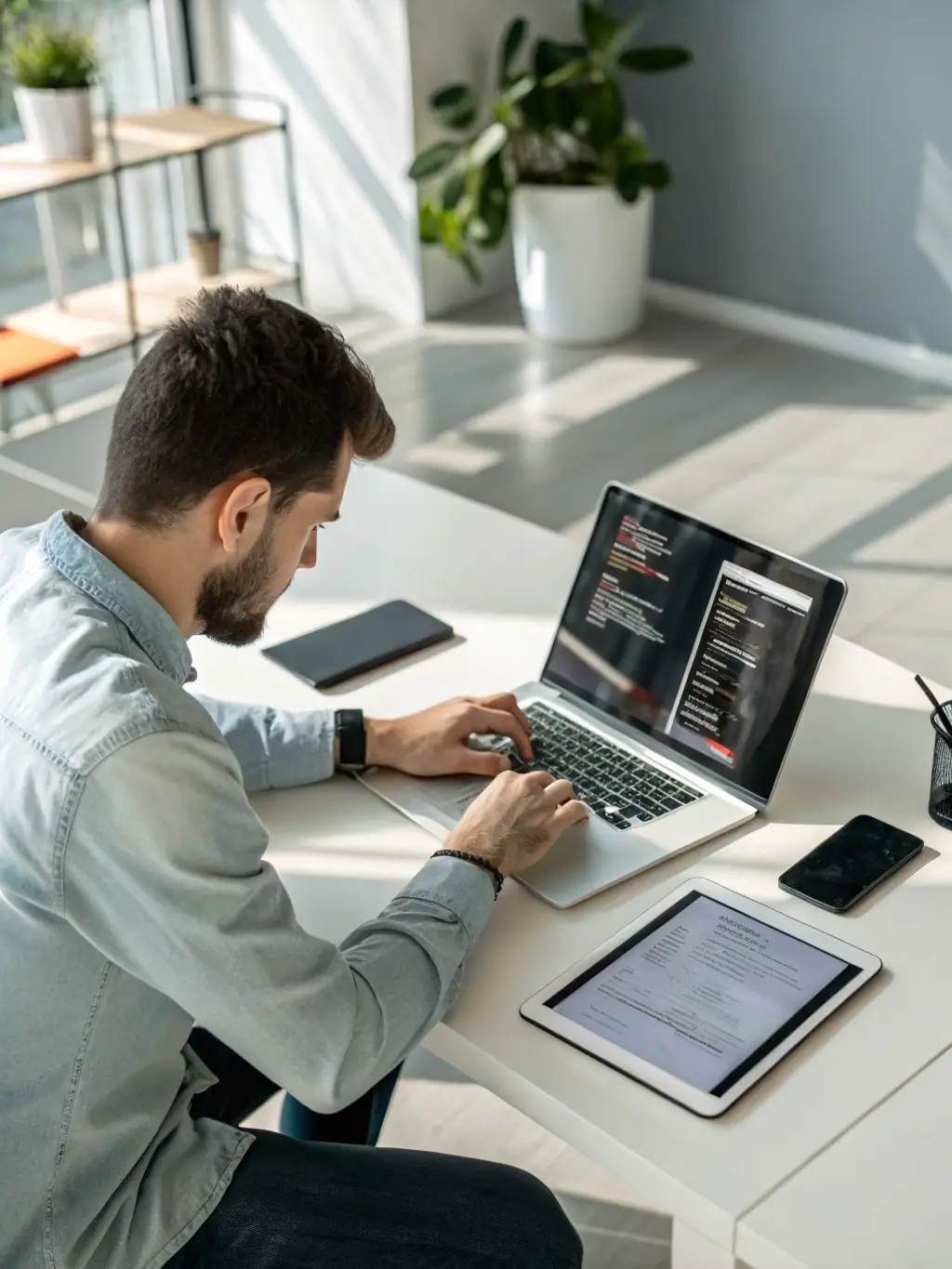 A web developer coding a responsive website on a large monitor, demonstrating Studio Thrive's web design capabilities.