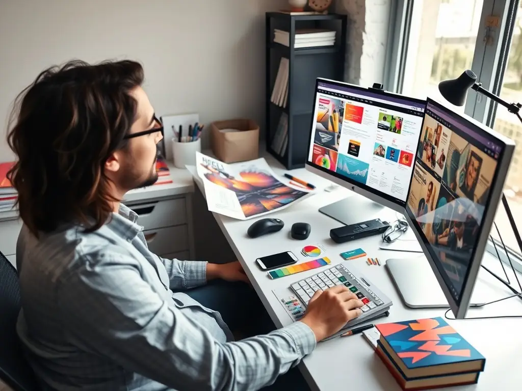 A professional graphic designer is working on a book layout, carefully adjusting text and images on a computer screen, with printed proofs scattered around the desk.