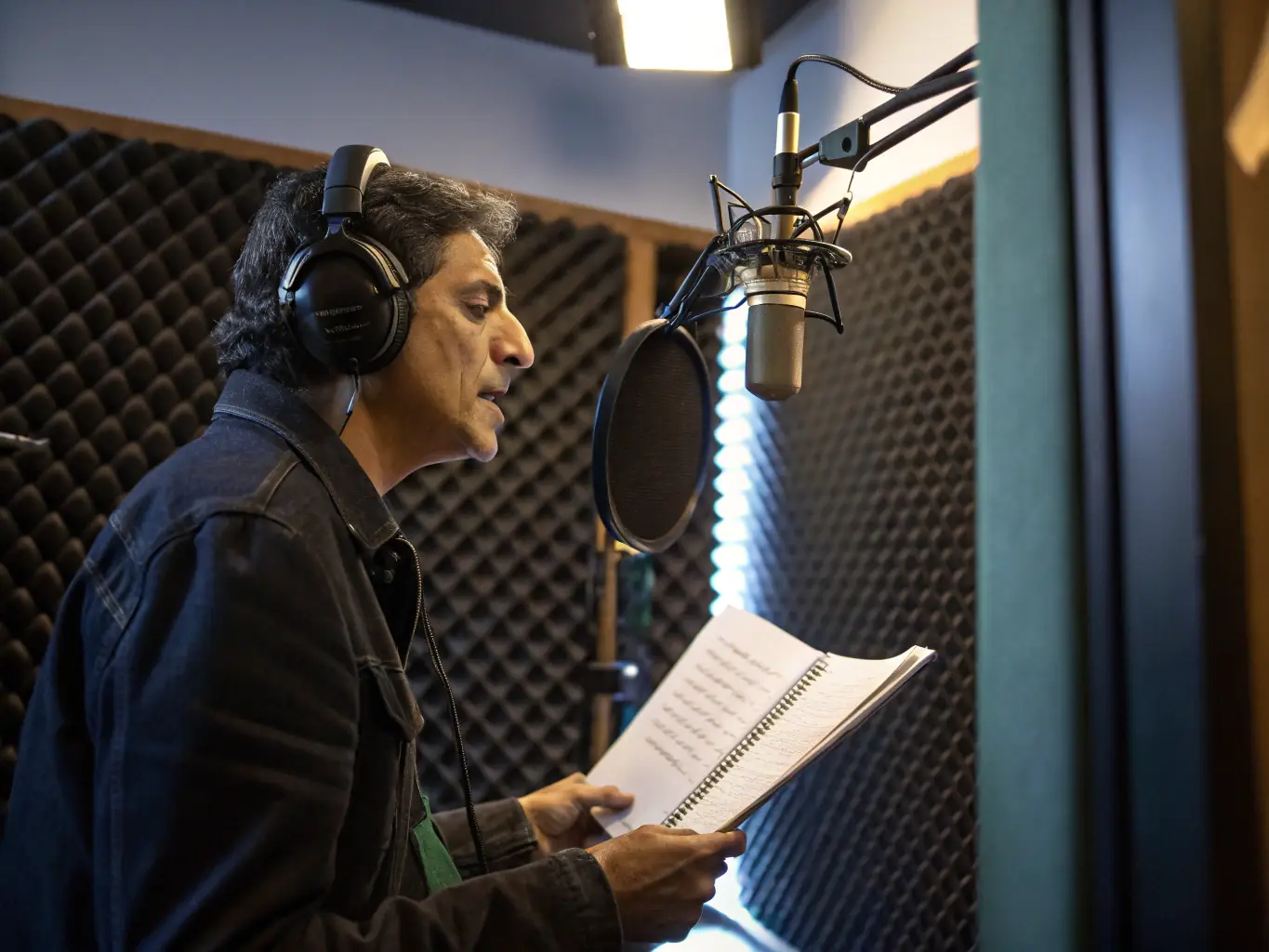 An image of a person narrating an audiobook in a soundproof booth, capturing the essence of Studio Thrive's audiobook production services.